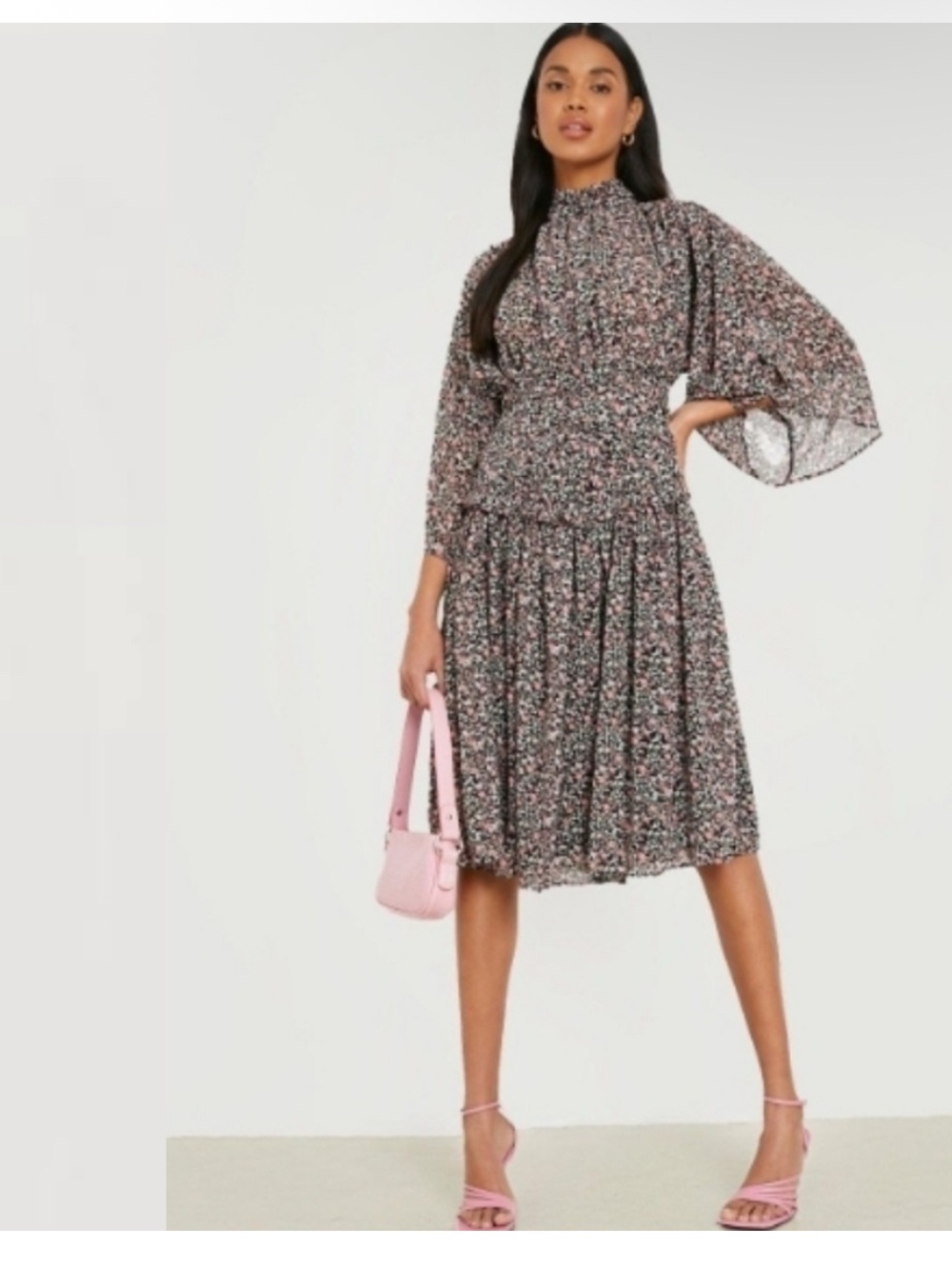 FLORAL HIGH NECK PLEAT DETAIL MIDI DRESS